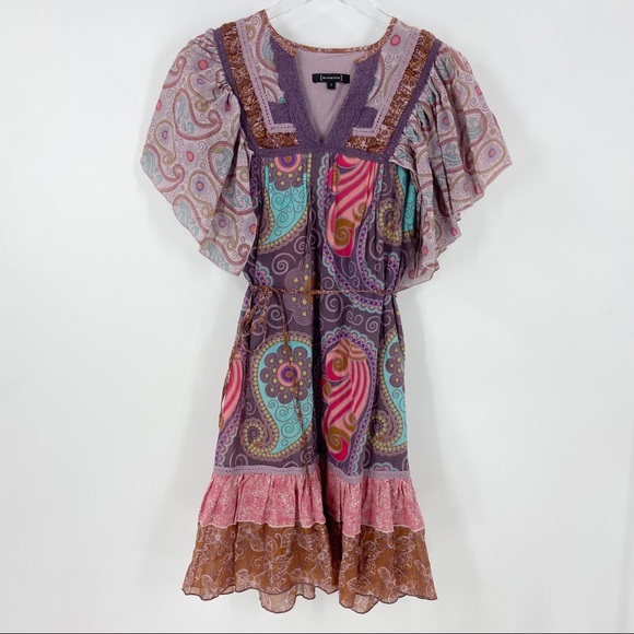 Dresses & Skirts - St Martins Print Boho Dress Ruffles Tiers Womens Small Purple Pink Brown Mixed